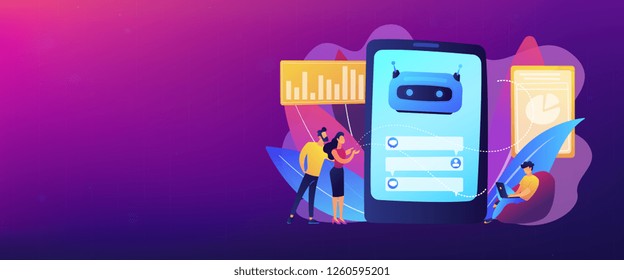 Customers chat with chatbot on smartphone screen with speech bubbles. Customer service chatbot, e-commerce chatbot, self-service experience concept. Header or footer banner template with copy space.