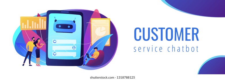 Customers chat with chatbot on smartphone screen with speech bubbles. Customer service chatbot, e-commerce chatbot, self-service experience concept. Header or footer banner template with copy space.