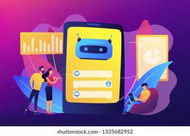 Los clientes chatean con chatbot en la pantalla del smartphone con burbujas de voz. Charbot de servicio al cliente, chatbot de comercio electrónico, concepto de experiencia de autoservicio. Ilustración aislada del vector violeta brillante brillante brillante brillante