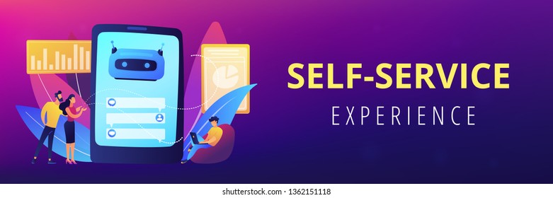 Customers chat with chatbot on smartphone screen with speech bubbles. Customer service chatbot, e-commerce chatbot, self-service experience concept. Header or footer banner template with copy space.