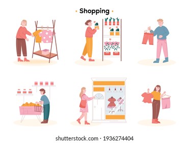Customers choose different things in stores. People walking with a shopping cart in supermarket set. А girl chooses a cactus as a gift. Joyful girl goes to the boutique for a new dress. Modern vector.