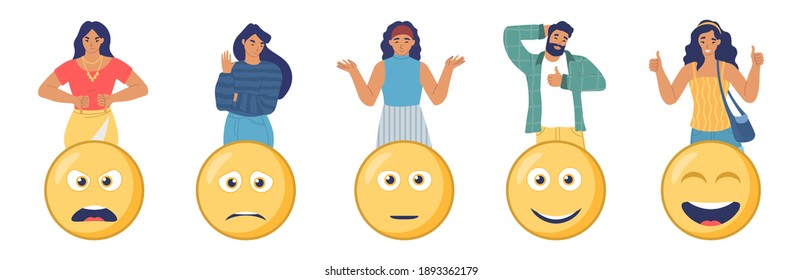 Customers choosing angry, happy, sad emoji to share their feedback, flat vector illustration. People with smiles. User feedback emoticons. Customer satisfaction rating.