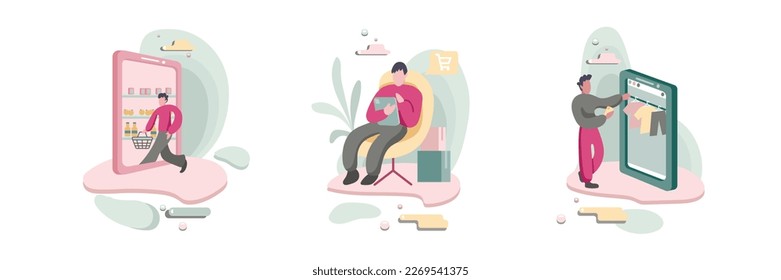 Customers choosing grocery and clothes color 2d vector graphic. Guy with shopping basket isolated flat art. Man in chair with tablet, person in online dress store cartoon illustration set