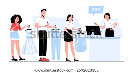 Customers At Clothing Store Checkout In Flat Vector Illustration Symbolizing Retail Shopping, Fashion Purchase, And Customer Service, Isolated On White Background