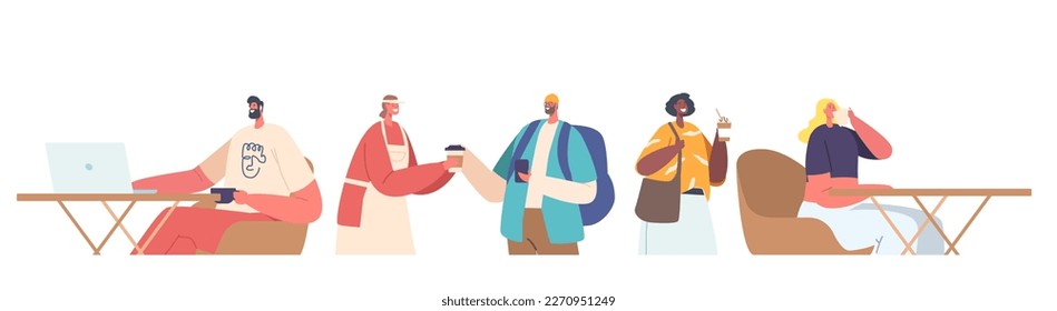 Customers In Coffee Shop Isolated On White Background. Men And Women Sit At Table, Work On Laptop, Drink Coffee