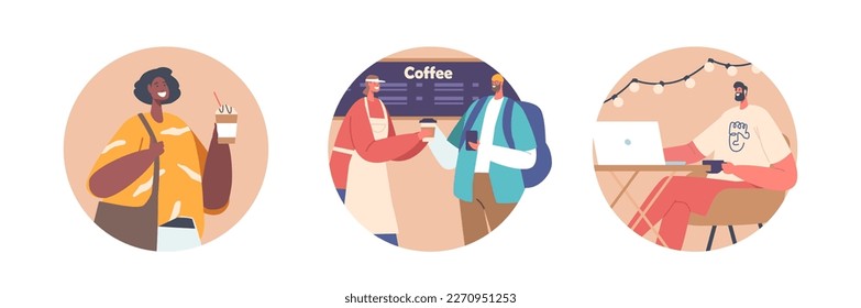 Customers In Coffee Shop Isolated Round Icons Or Avatars. Men And Women Sit At Table, Work On Laptop, Buying Drink