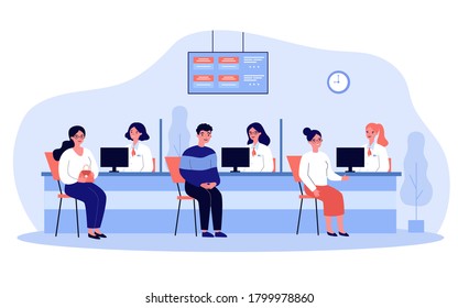 Customers consulting credit department managers in bank office. Bank employees, cashiers and workers working with people. For bank interior, finance, service, exchange concept