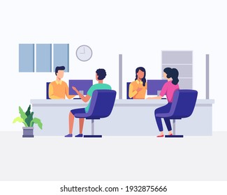 Customers consulting department. Hotline operators with headsets in office with clients. Customer support, Telemarketing agency, Consultation and assistance. Vector illustration in a flat style