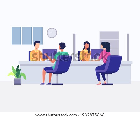 Customers consulting department. Hotline operators with headsets in office with clients. Customer support, Telemarketing agency, Consultation and assistance. Vector illustration in a flat style