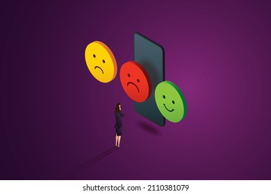 Los clientes están decidiendo emoticonos tristes y felices e íconos emocionales. para una calificación satisfactoria de la experiencia del servicio al cliente en el teléfono móvil. ilustración vectorial isométrica