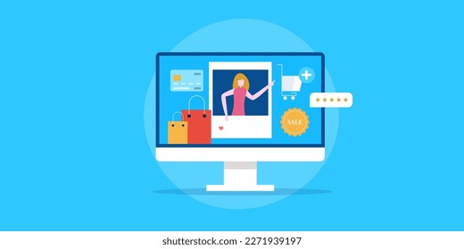 Clientes comprando directamente productos de medios sociales, medios sociales conectados con la plataforma eCommerce - diseño plano ilustrativo vectorial con iconos