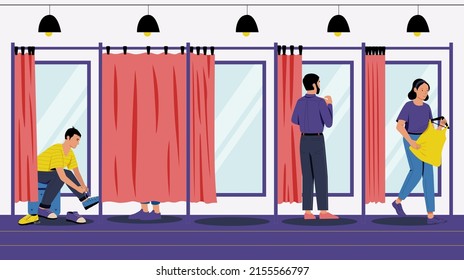 Customers in dressing room. Cartoon buyers try on clothes and shoes in clothing store. Vector illustration of customer shop fit clothing near mirror in boutique