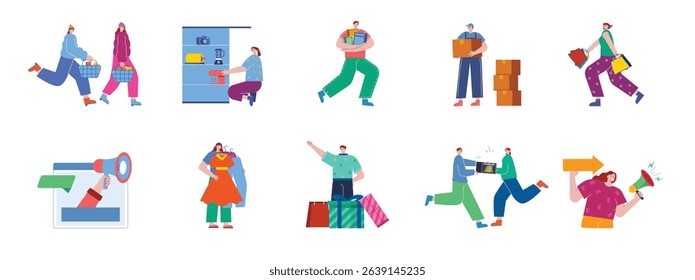 Customers during black friday, shopaholic and scrambling for goods to get discounts. Character design. Vector flat illustration