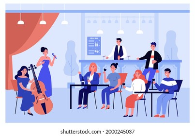 Customers enjoying wine and live music at bar. Female singer performing song, musician playing cello flat vector illustration. Entertainment, music concept for banner, website design or landing page