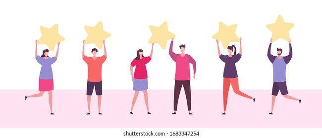 Customers evaluating a product, service. Evaluation of customer reviews. Different people give feedback ratings and reviews.