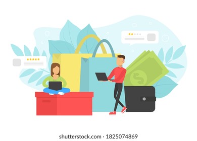Customers Evaluating Product or Service, Tiny People Reviewing Rating Online on Computer Flat Vector Illustration