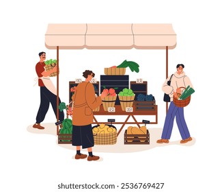 Customers at farmer market stall. Buyers choosing farm produce, fruits and vegetables. Vendor selling local food products in outdoor kiosk. Flat vector illustration isolated on white background