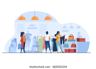 Customers in fashion shop. Women choosing clothes in store flat vector illustration. Shopping, sale, retail concept for banner, website design or landing web page