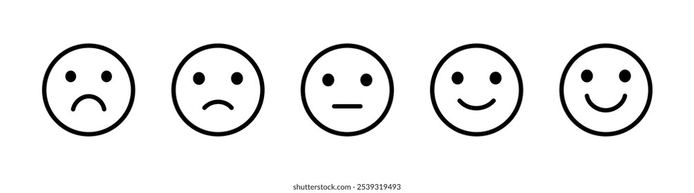 Conceito de feedback dos clientes. Feliz e triste emoji símbolos. Emoticons com diferentes humores. Sinal de sorriso. Ícones de emojis de classificação. Ilustração vetorial.