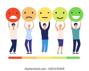Customers feedback concept. People and measuring review opinions approval recommendation status. Emoticons from bad to good vector set. Illustration of feedback good review, quality status survey