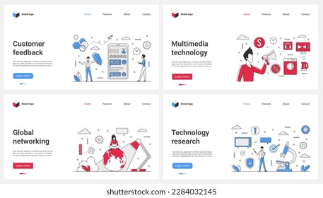 Customers feedback, multimedia technology and global network set vector illustration. Cartoon tiny people people research with microscope, work with megaphone over advertising, science development