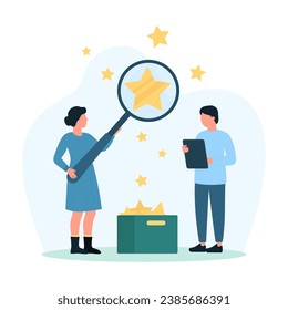 Customers feedback research vector illustration. Cartoon tiny people looking through magnifying glass at gold star to find product with excellent rating and price online, clients select best service