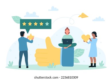 Customers feedback, review service vector illustration. Cartoon tiny people sitting on thumbs up sign, giving rating stars and hearts likes to recommend product or experience in social media survey