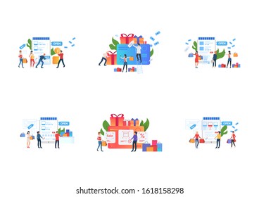 Customers feedback set. Shoppers using gift voucher, leaving reviews. Flat vector illustrations. Online store, sale season, retail concept for banner, website design or landing web page