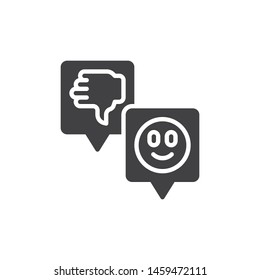 Customers feedback vector icon. Social media likes and comments filled flat sign for mobile concept and web design. Speech bubbles with smile and thumbs down glyph icon. Symbol, logo illustration. 