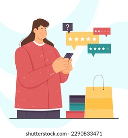 Ilustración vectorial de comentarios de los clientes. Jóven caricaturista con teléfono móvil para votar y evaluar la experiencia de los compradores en línea, revisar comentarios positivos y estrellas de la tienda en los medios sociales antes de ir de compras