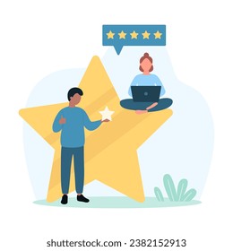 Customers feedback vector illustration. Cartoon tiny people holding review gold star to rate positive experience from quality of product, clients give five stars for evaluation in online survey