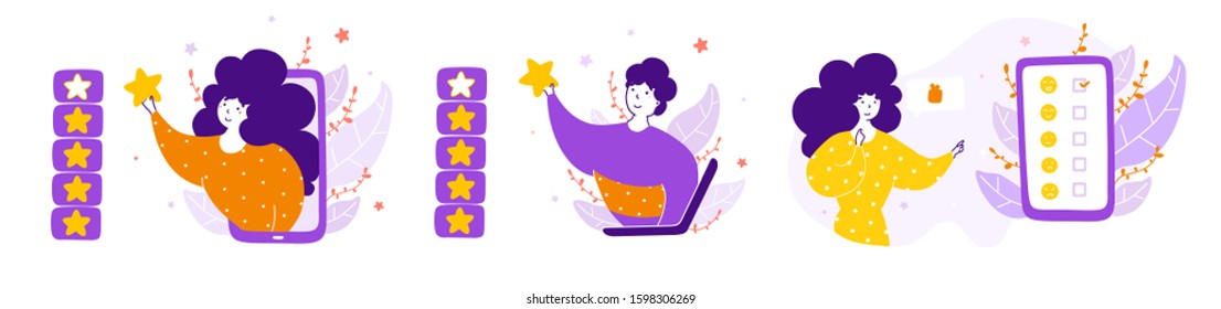 Customers fiiling in reviews flat vector illustrations set