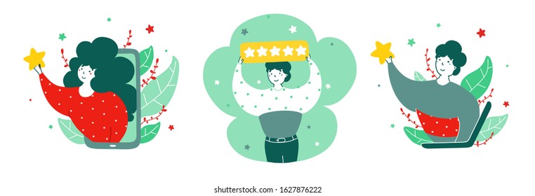 Customers fiiling in reviews flat vector illustrations set