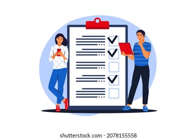 Customers filling up survey form. Vector illustration. Flat