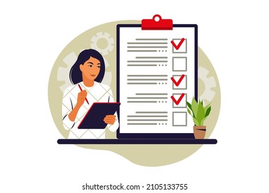 Customers filling up survey form. Vector illustration. Flat