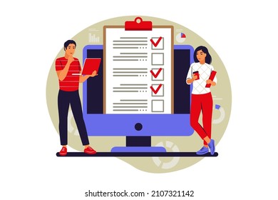 Clientes rellenando el formulario de encuesta. Ilustración vectorial. Plano