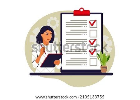 Customers filling up survey form. Vector illustration. Flat
