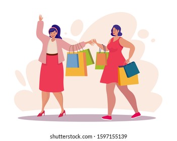 Customers flat vector characters. Shopper buying presents. People doing shopping, making orders. Women with shopping bags. Consumerism concept. Shopaholics cartoon illustration