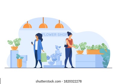 Customers in flower shop. Women with bags choosing houseplants flat vector illustration. Shopping, greenhouse, home plants concept for banner, website design or landing web page