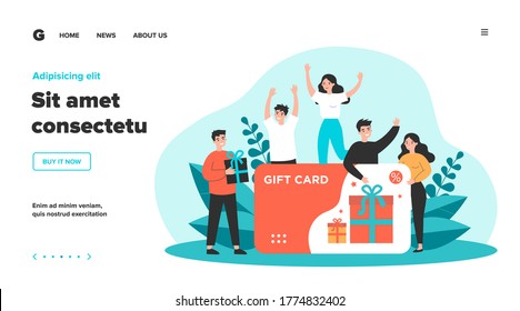 Customers getting gift card. Cheerful people happy about discount card, coupon or voucher. Vector illustration for sale, loyalty program, bonus, promotion concept