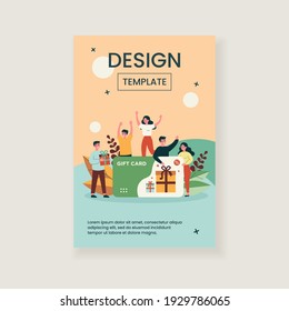 Customers getting gift card. Cheerful people happy about discount card, coupon or voucher. Vector illustration for sale, loyalty program, bonus, promotion concept
