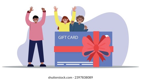 Customers getting gift card. Cheerful people happy about discount card, coupon or voucher. Vector illustration for sale, loyalty program, bonus, promotion concept