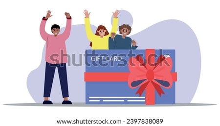 Customers getting gift card. Cheerful people happy about discount card, coupon or voucher. Vector illustration for sale, loyalty program, bonus, promotion concept