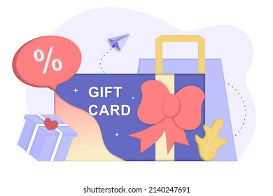 Customers getting gift card, gift voucher, discount coupon, earn points, gift certificate for promotion strategy. 3D Vector illustration template for sale, loyalty program, bonus, promotion concept.