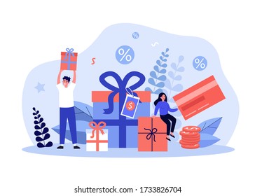 Customers getting gifts and rewards for purchases. Tiny people holding presents, bonus card with tags. Can be used for promotion, sale, discount, loyalty program concept