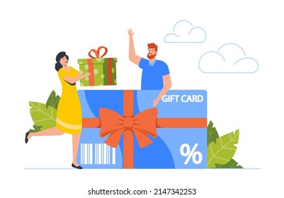 Tarjeta de regalo para clientes, mujer que da regalo a personaje masculino. Oferta de promoción de ventas y compras festivas, sistema de bonificaciones, personas que usan cupón para comprar regalos y artículos. Ilustración del vector de dibujos animados