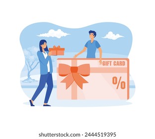 Customers Gift Card, Woman Giving Giftbox to Male. Festive Sale and Shopping Promotion Offer, Bonus System, People Using Coupon for Buying Presents and Goods. flat vector modern illustration 