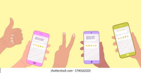 Customers give a five star rating. Hands hold smart phones and show positive signs - good job, victory. Online review concept. People leave feedback, customer experience. Business satisfaction support