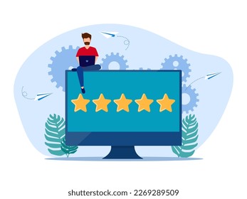 Customers give star ratings on their laptops. Service evaluation. Satisfaction with products or services