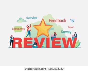 Customer's giving five star rating. User feedback review scroll. Flat vector illustration modern character design. For a landing page, banner, flyer, poster, web page.